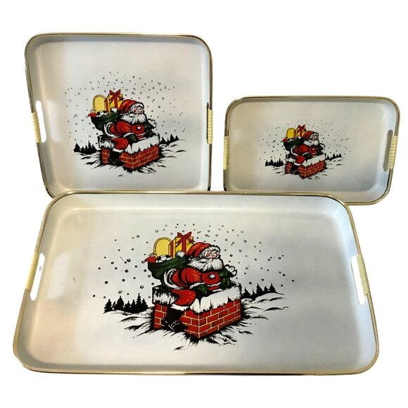 VTG APEX Santa Claus Chimney Trays Set 3pc Japan Lacquered Metal MCM Xmas Decor - Picture 1 of 12